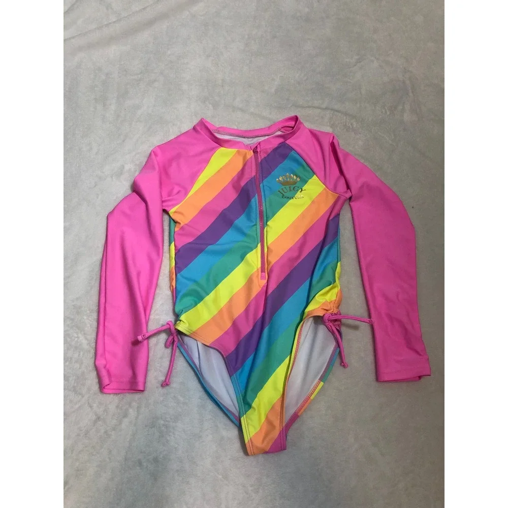 5/$25 Juicy Couture One Piece Swimsuit Size 10 Pink Rainbow Stripe Long Sleeve